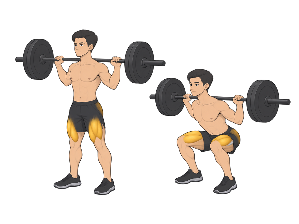 Back squat illustration showing the standing and lowered positions, with the quadriceps highlighted.